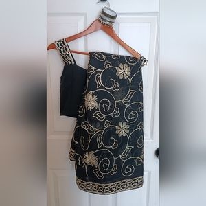 Black silver pre-pleated saree with bangles